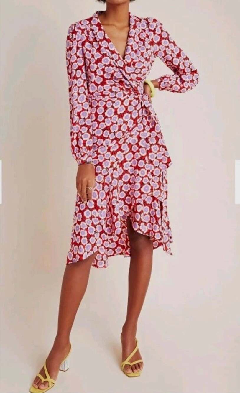 Diane von Furstenberg DVF 100% Silk Floral Wrap Midi Dress Size 6 Red Pink